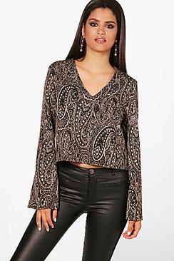 Boohoo Scarlett Jacquard Wide Sleeve Top