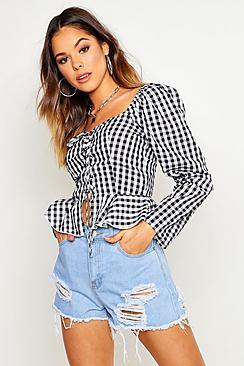 Boohoo Lace Up Gingham Peasant Top