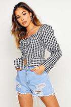 Boohoo Lace Up Gingham Peasant Top