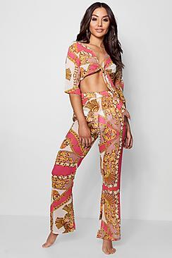 Boohoo Maya Scarf Print Tie Front Top & Trouser Beach Co-ord