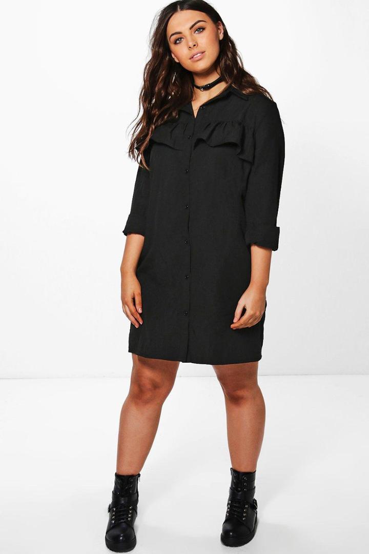 Boohoo Plus Amerie Ruffle Front Shirt Dress Black