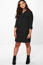 Boohoo Plus Amerie Ruffle Front Shirt Dress Black