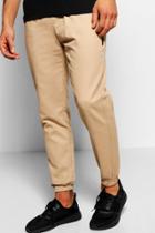 Boohoo Cotton Twill Skinny Chinos With Cuff Hem Stone