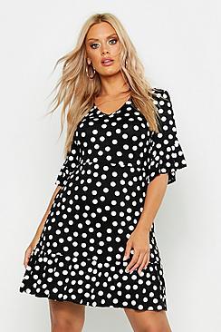 Boohoo Plus Polka Dot Ruffle Smock Dress