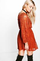 Boohoo Boutique Rhia  Lace Tie Back Skater Dress Rust
