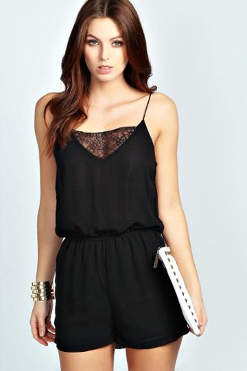 Boohoo Allana Lace Insert Chiffon Playsuit - Black