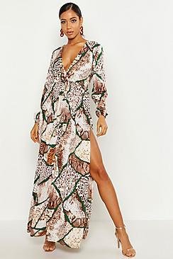 Boohoo Woven Mixed Animal Extreme Split Maxi Dress