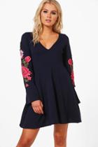 Boohoo Lottie Embroidered Plunge Skater Dress Navy