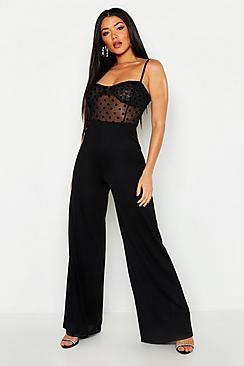Boohoo Cupped Polka Dot Mesh Jumpsuit