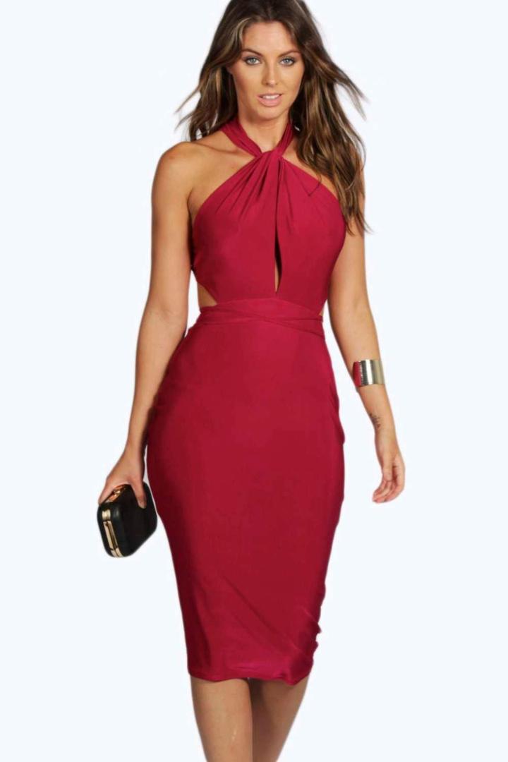 Boohoo Sarah Slinky Strappy Detail Midi Bodycon Dress Raspberry