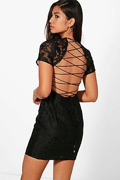 Boohoo Embroidered Open Back Bodycon Dress