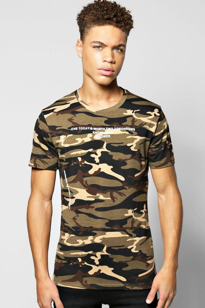 Boohoo Camo Tee With Contrast Text Print Khaki