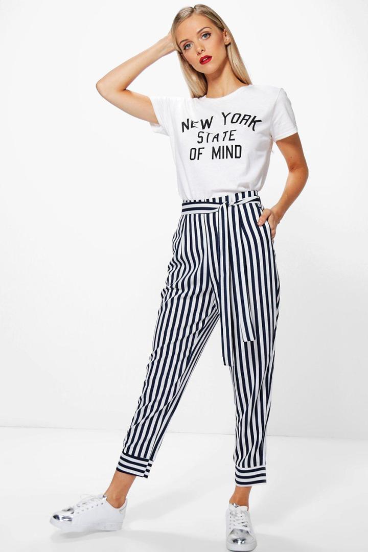 Boohoo Idalia Contrast Stripe Slim Fit Tailored Trousers Navy