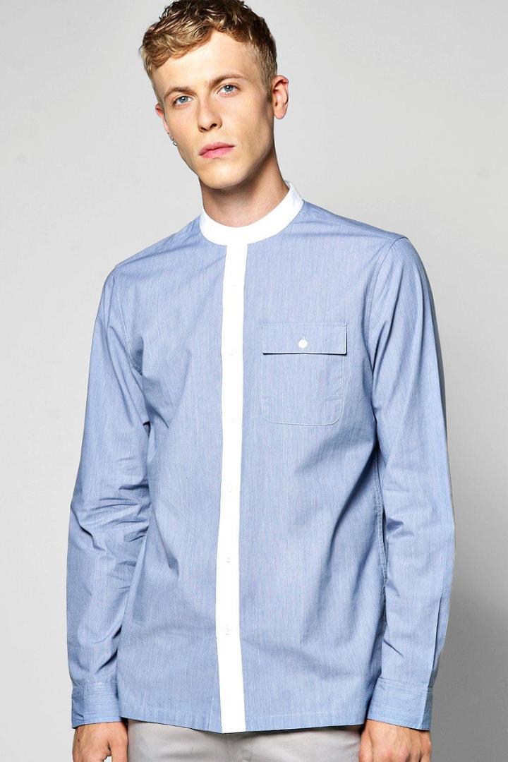 Boohoo Contrast Collar Long Sleeve Grandad Shirt Blue