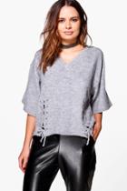 Boohoo Aimee Lace Up Detail Jumper Grey