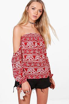 Boohoo Louise Elephant Print Off The Shoulder Top