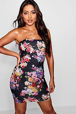 Boohoo Dark Floral Bandeau Mini Dress