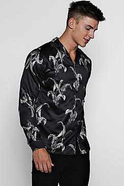 Boohoo Dark Leaf Print Long Sleeve Satin Shirt