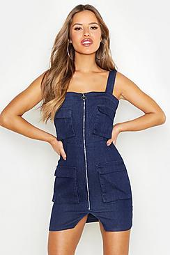 Boohoo Petite Denim Pocket Detail Zip Up Mini Dress