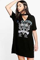 Boohoo Eve Choker Detail Printed Band T-shirt Dress