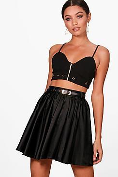 Boohoo Esther Belted Satin Skater Mini Skirt