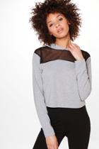 Boohoo Olivia Mesh Insert Crop Knitted Hoody Grey