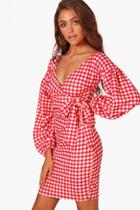 Boohoo Gigi Gingham Ruffle Sleeve Bodycon Dress Red