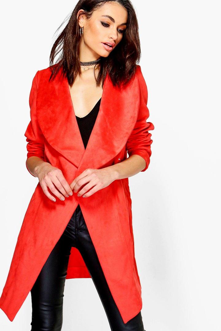 Boohoo Grace Suedette Over Sized Collar Duster Orange