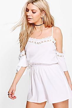 Boohoo Claire Crochet Trim Open Shoulder Playsuit