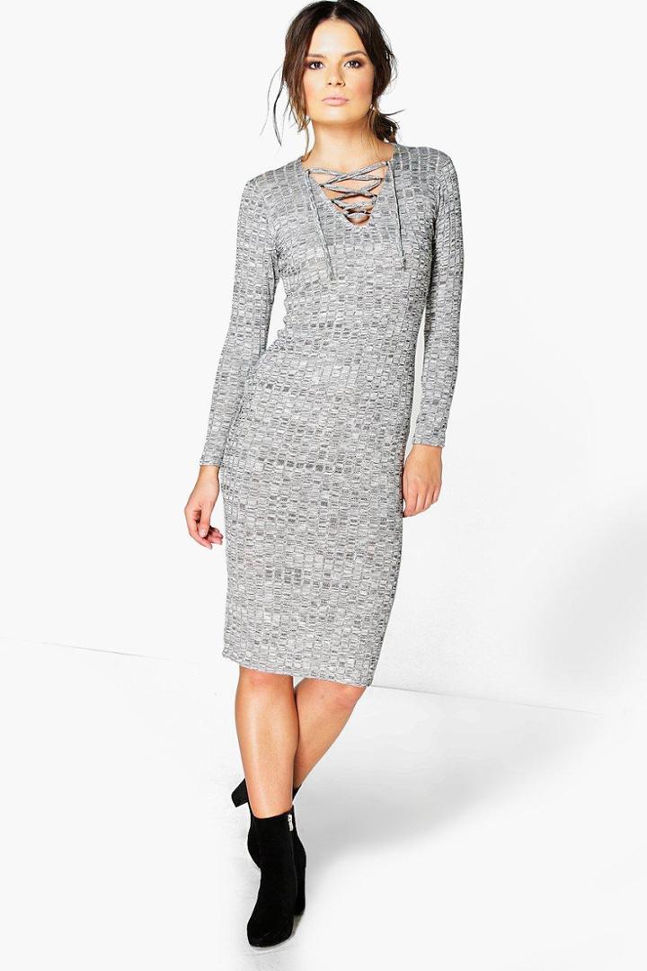 Boohoo Sofia Ribbed Lace Front Bodycon Dress Grey