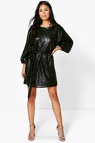 Boohoo Mya Sequin Belted Long Sleeve Shift Dress Black