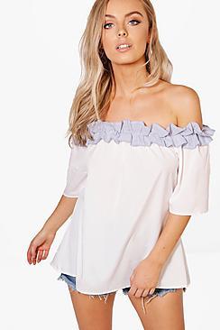 Boohoo Bonnie Woven Stripe Ruffle Off The Shoulder Top