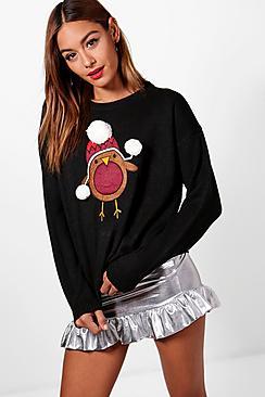 Boohoo Bethany Pom Pom Robin Christmas Jumper