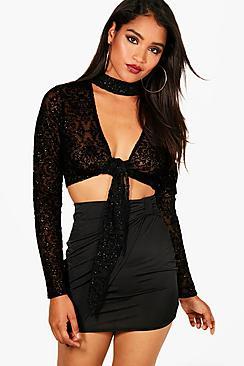 Boohoo Freya Glitter Choker Tie Front Mesh Crop