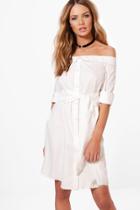Boohoo Evie Off The Shoulder Tie Front Shirt Dress White