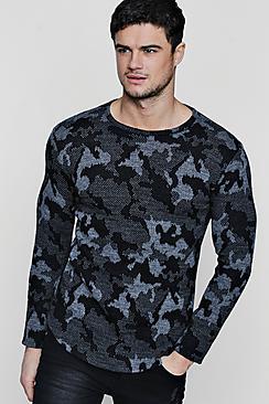 Boohoo Camo Jaquard Jumper With Curve Hem