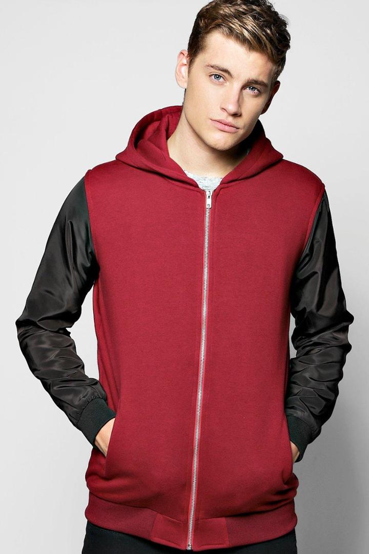 Boohoo Jersey Lined Ma1 Bomber Jacket With Nylon Sleeves Wine