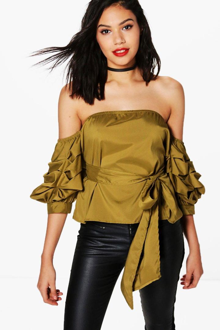 Boohoo Samantha Tie Waist Ruched Sleeve Bardot Top Olive