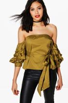 Boohoo Samantha Tie Waist Ruched Sleeve Bardot Top Olive