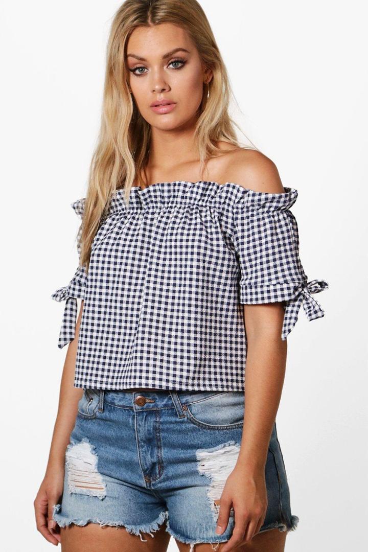 Boohoo Plus Alicia Off The Shoulder Gingham Tie Sleeve Top Multi