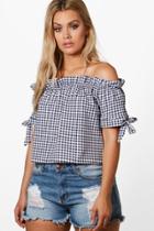 Boohoo Plus Alicia Off The Shoulder Gingham Tie Sleeve Top Multi