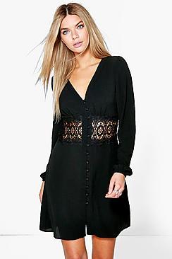 Boohoo Lace Waist Trim Shirt Dress