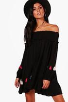 Boohoo Shirring Tassel Off Shoulder Dress