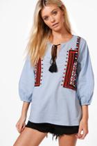 Boohoo Bethany Boutique Embroidered Smock Top Blue