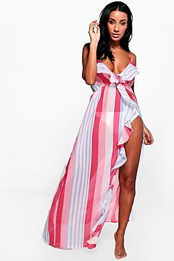 Boohoo Grace Candystripe Frill Maxi Beach Dress