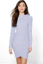 Boohoo Crina Asymmetric Hem Rib Bodycon Dress Sky
