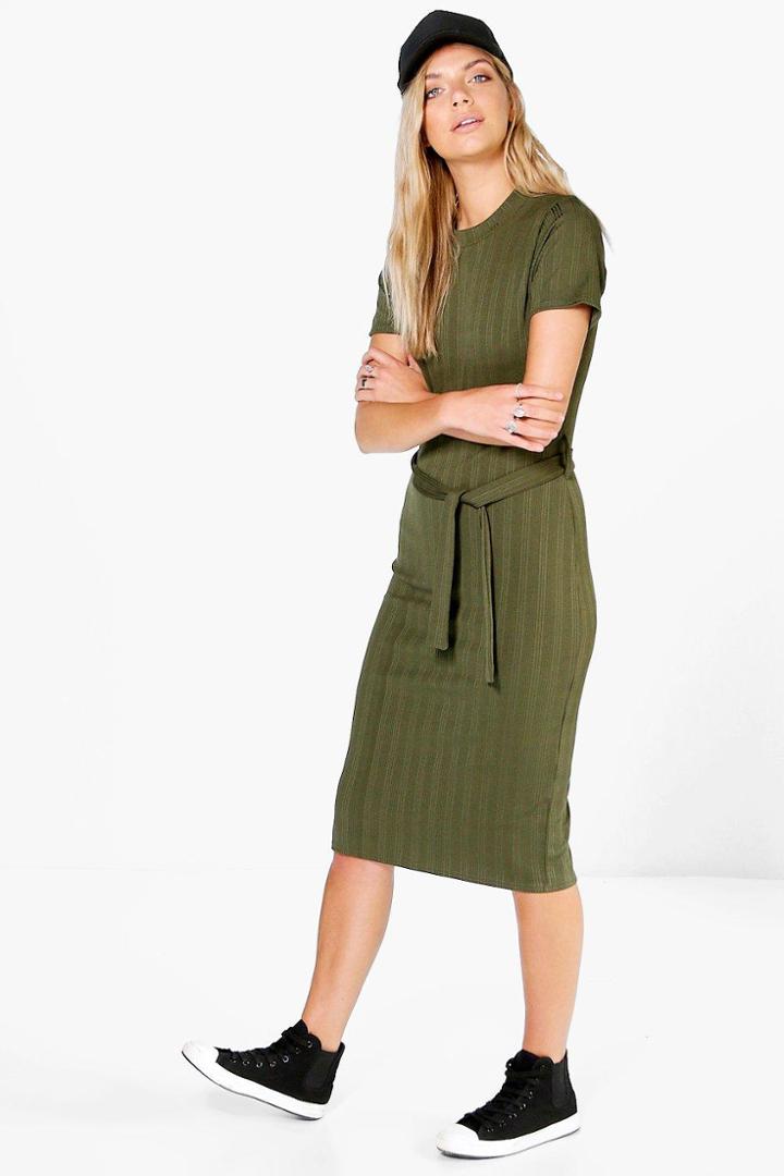 Boohoo Harriet Rib Tie Waist Midi Dress Khaki