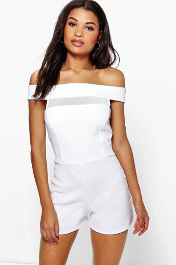 Boohoo Berny Bardot Mesh Insert Playsuit Ivory