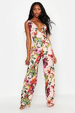 Boohoo Plunge Floral Jumpsuit