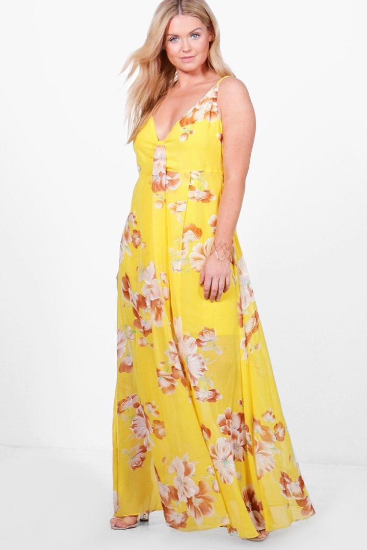 Boohoo Plus Olivia Floral Printed V Neck Maxi Dress Multi